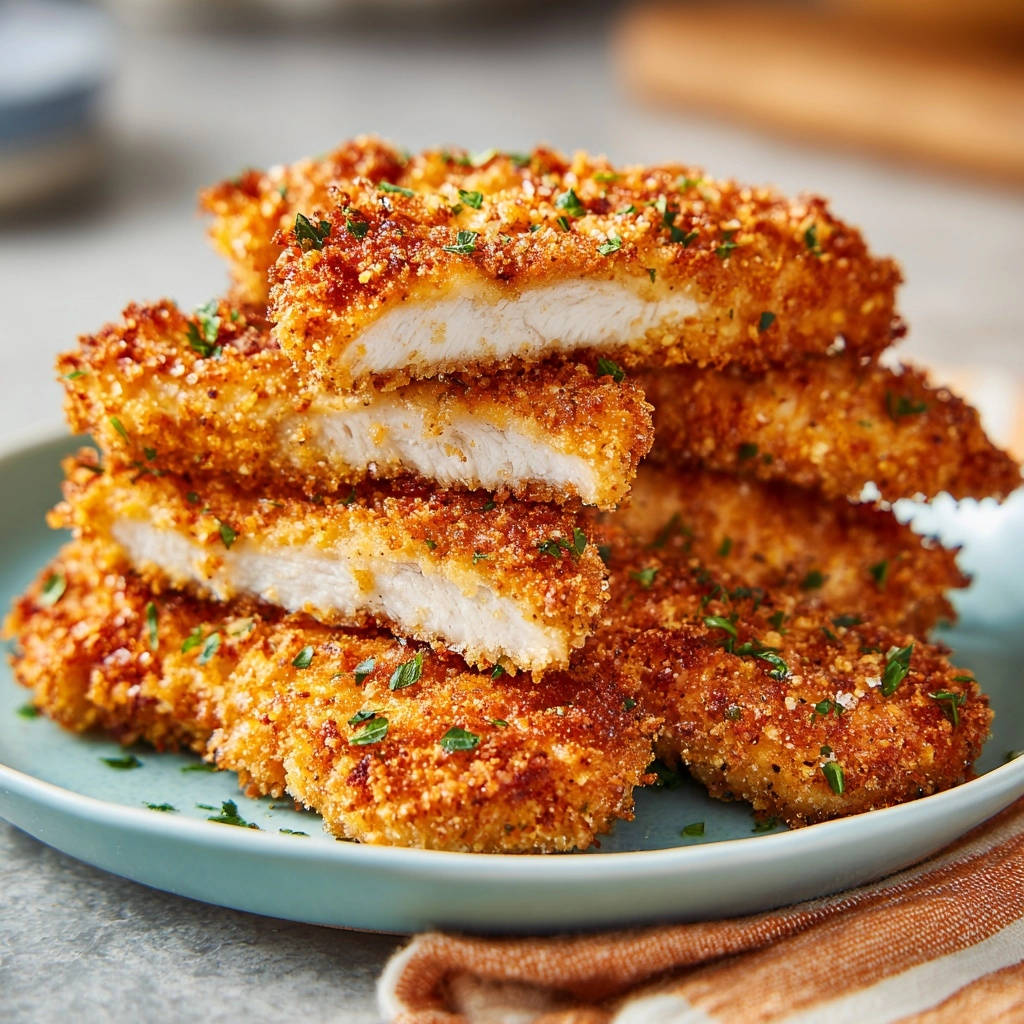 Crispy coated chicken cutlets shown in a cross-section stack, revealing their juicy interior and golden breading.