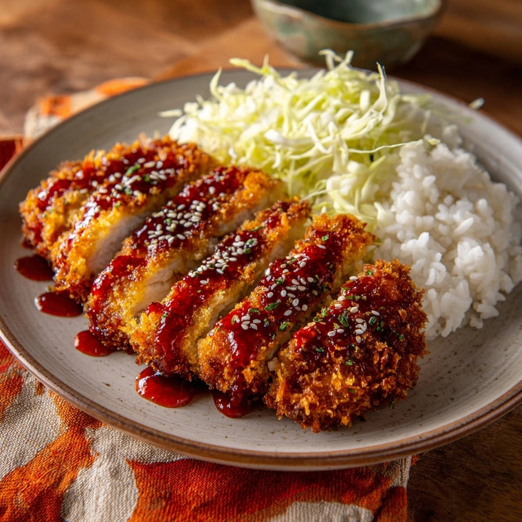 Crispy chicken cutlets sliced and drizzled with sauce, served with rice and cabbage.