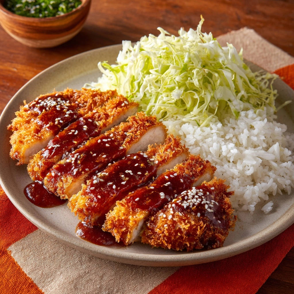 Crispy chicken cutlets sliced and drizzled with sauce, served with rice and shredded cabbage.