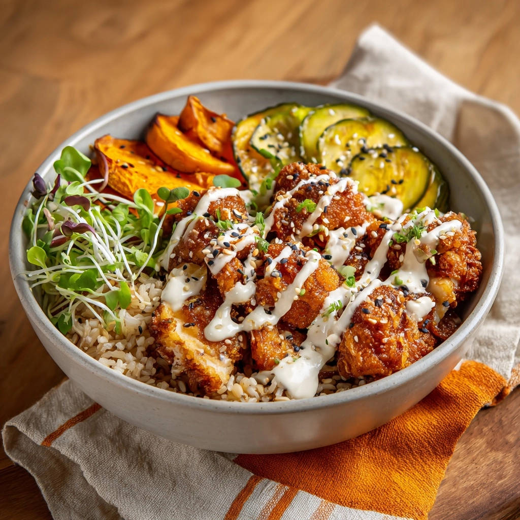 Crispy chicken and sweet potato rice bowl with a creamy drizzle and sesame seeds, close-up detail.