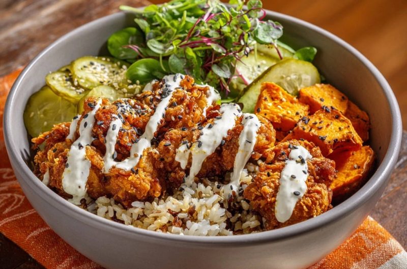 Crispy Chicken Sweet Potato Rice Bowl
