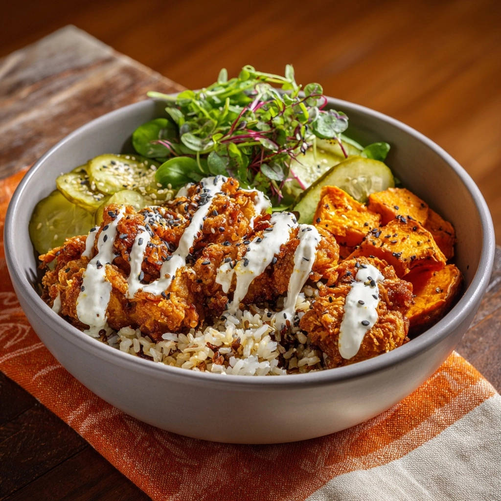 Crispy chicken and sweet potato rice bowl drizzled with white sauce and sesame seeds, presented in a grey bowl.