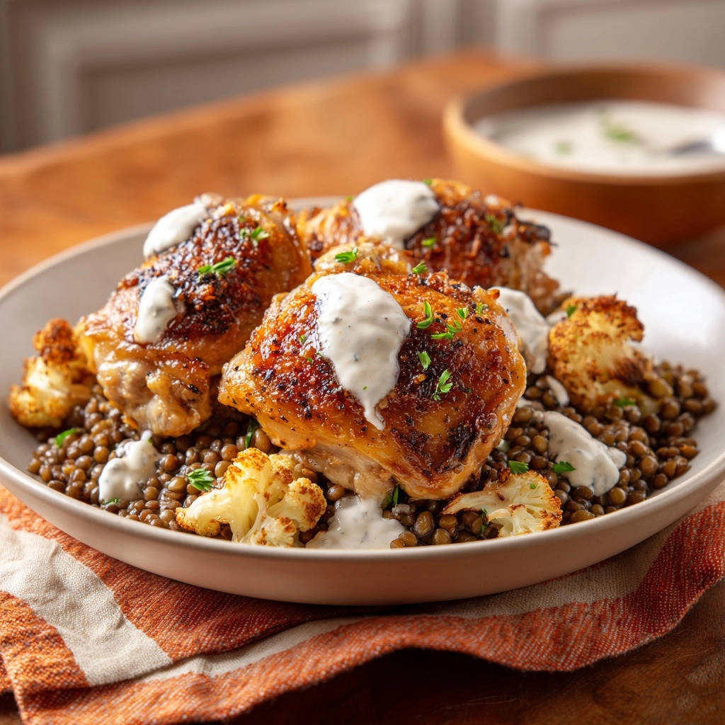 Crispy chicken thighs with lentils and yogurt sauce plated with a close-up view of the crackling skin and garnishes.