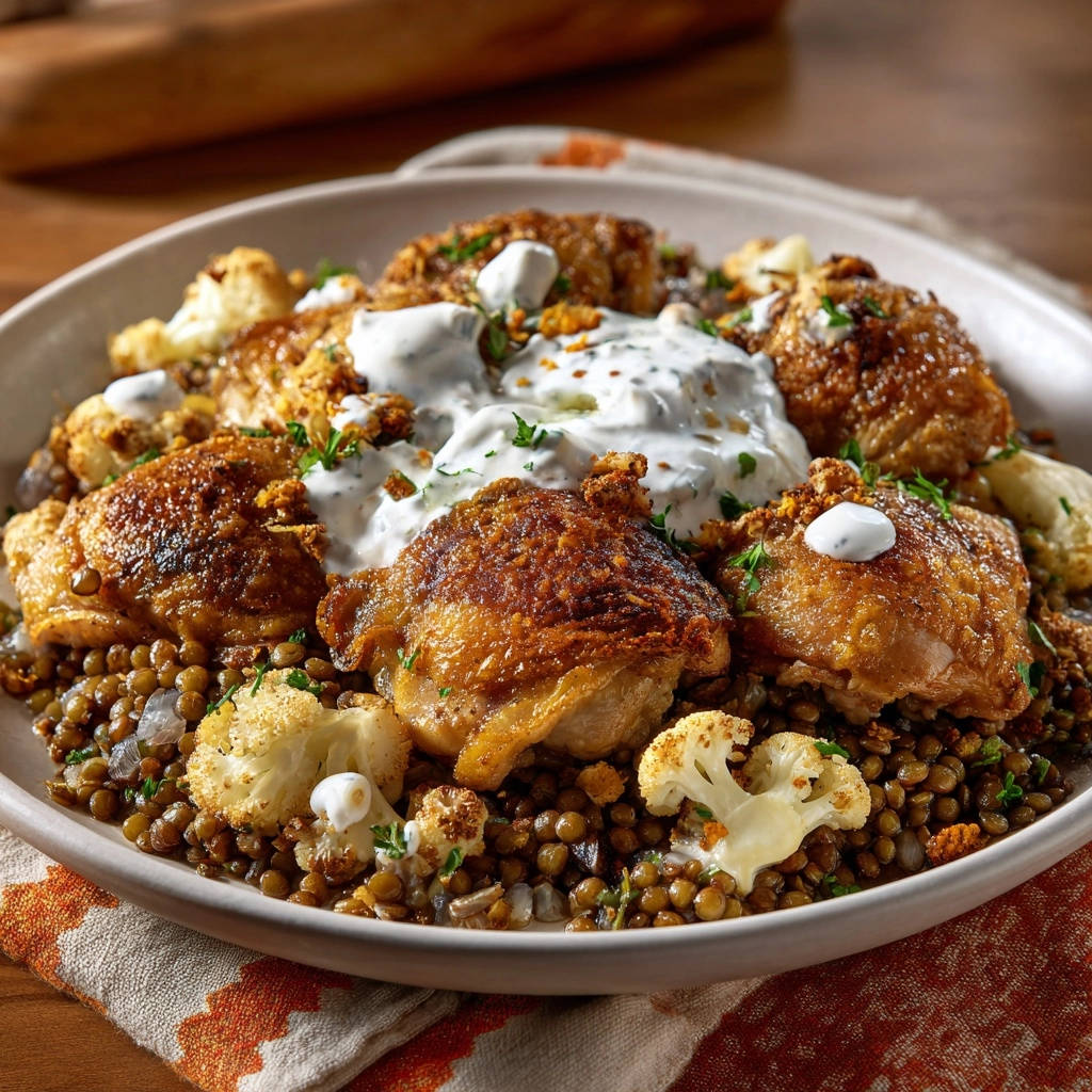 Crispy chicken thighs with lentils and yogurt sauce, featuring a dollop of yogurt as a topping on a chicken thigh.