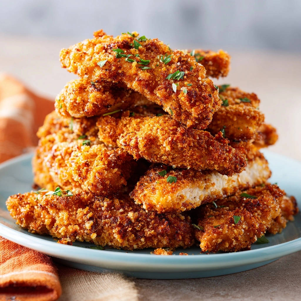 Crispy coated chicken cutlets shown in a pile with a close-up cross-section revealing a juicy interior.
