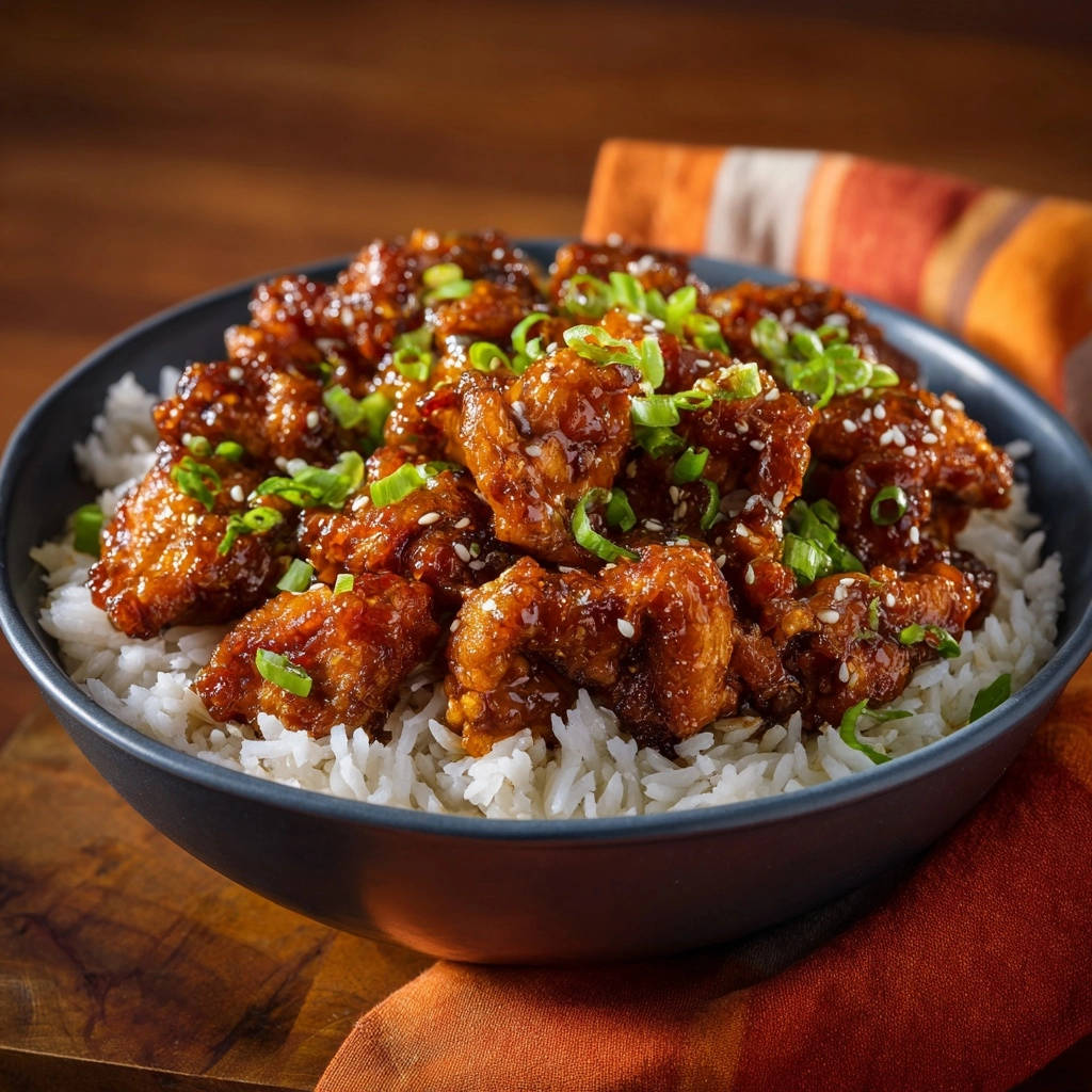 Crispy sweet & savory chicken with rice, shown in a close-up shot of a bowl topped with green onions and sesame seeds.