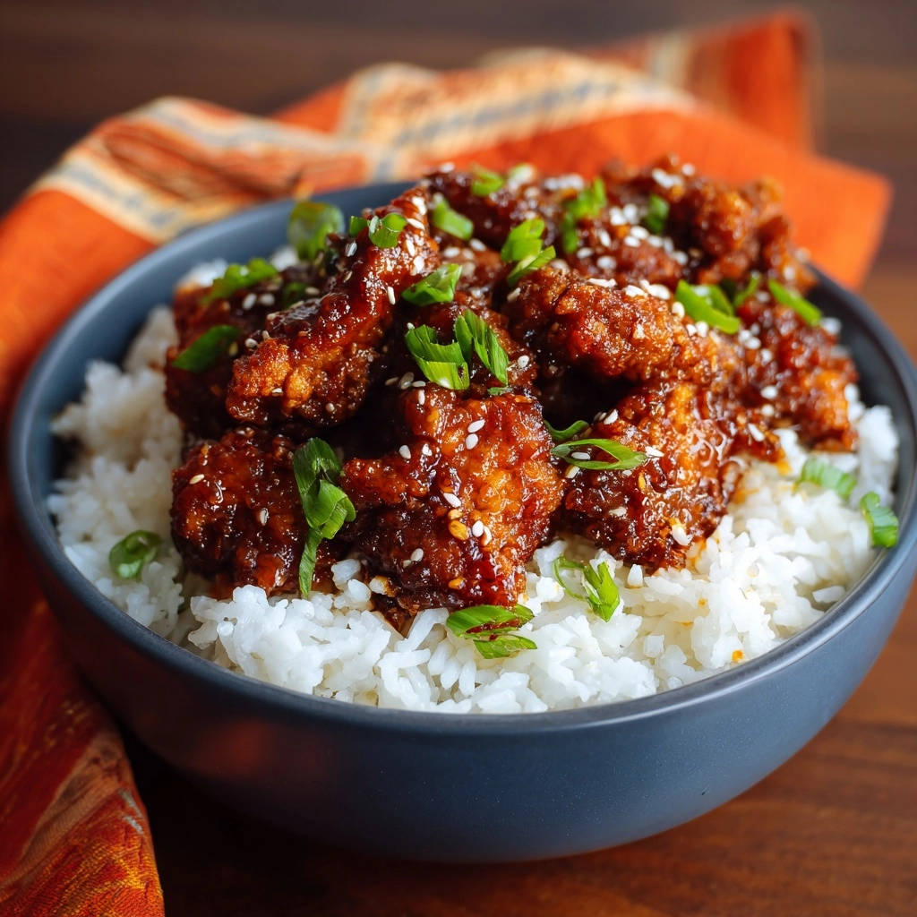 Crispy sweet &amp; savory chicken with rice, featuring a close-up detail of the sesame seed and green onion garnish.