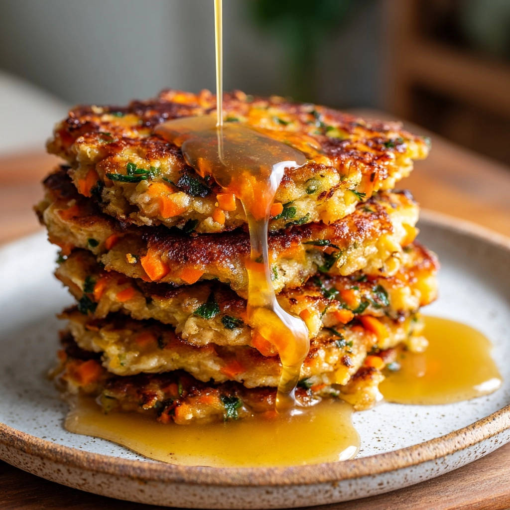 Crispy vegetable fritters in a stack with golden syrup being drizzled over the top.