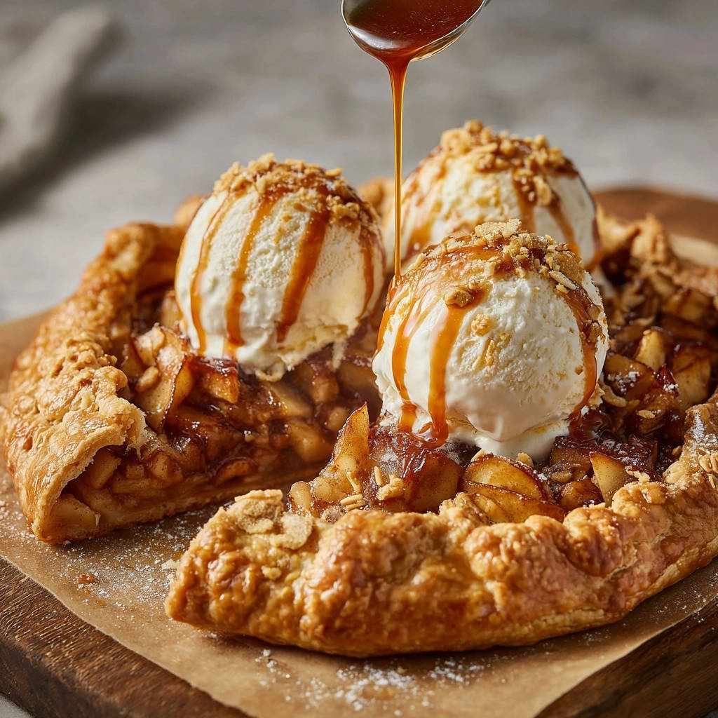Deep dish caramel apple tart with scoops of ice cream being drizzled with caramel sauce.