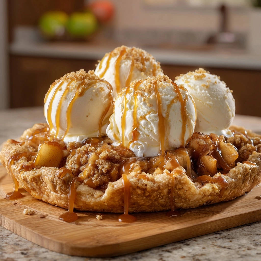 Deep dish caramel apple tart topped with scoops of ice cream and drizzled with caramel sauce.