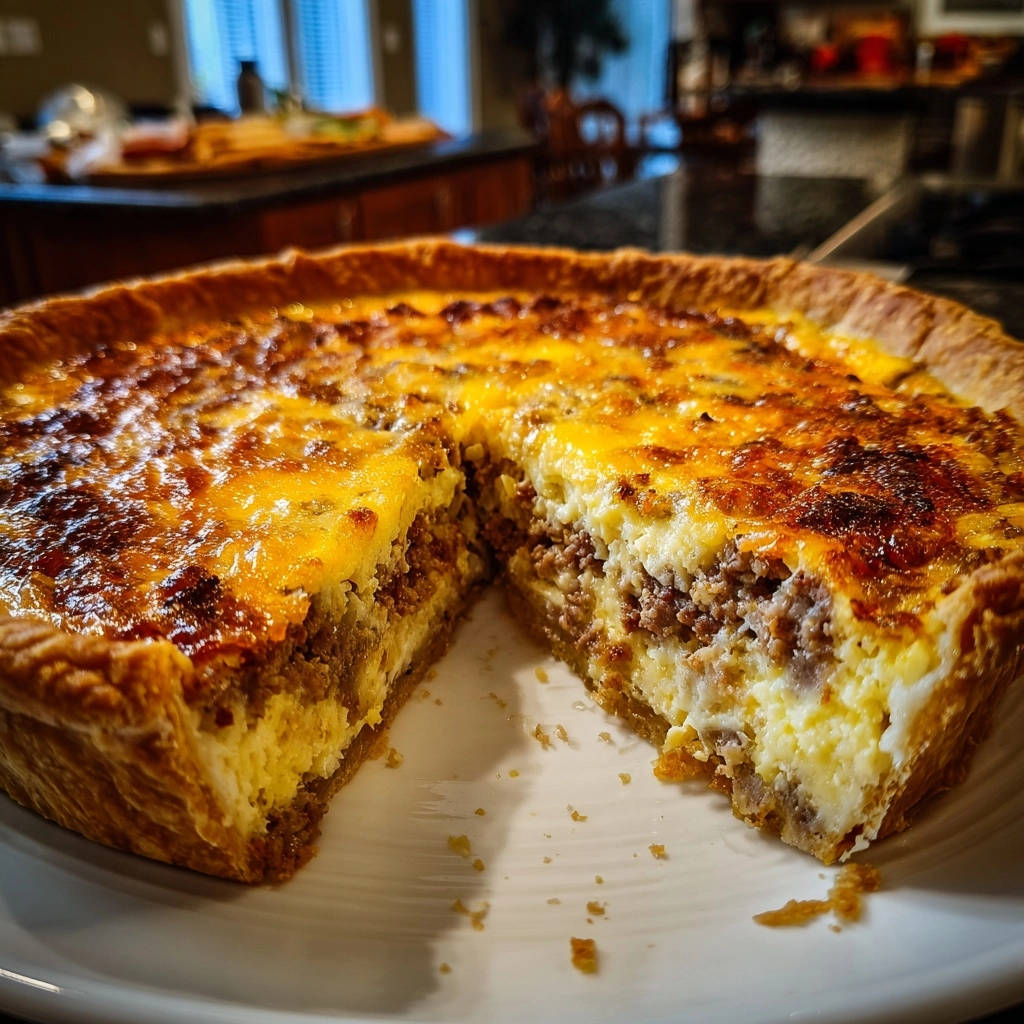 Deep dish savory pulled beef quiche shown in a close-up cross-section revealing its rich layers of beef and custard.