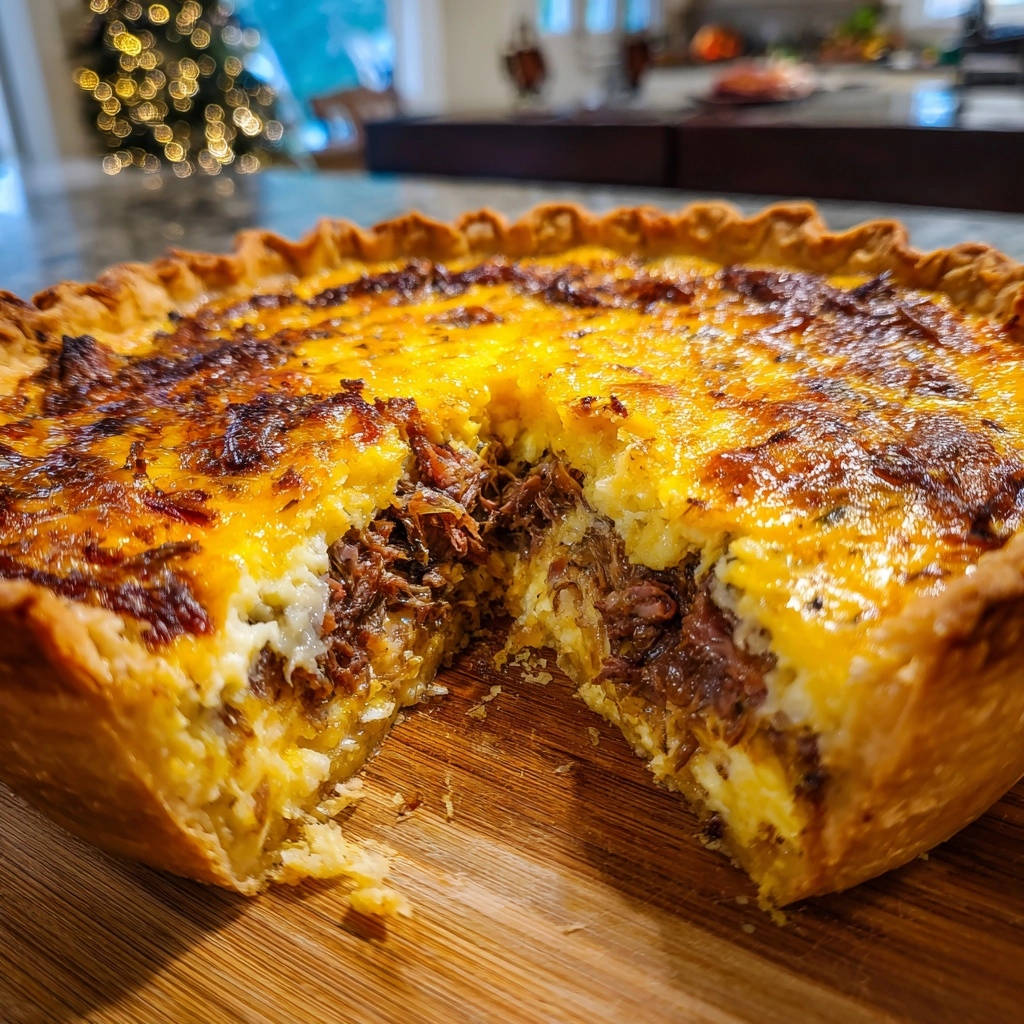 Deep dish savory pulled beef quiche shown in a cross-section, highlighting the rich filling and golden crust.