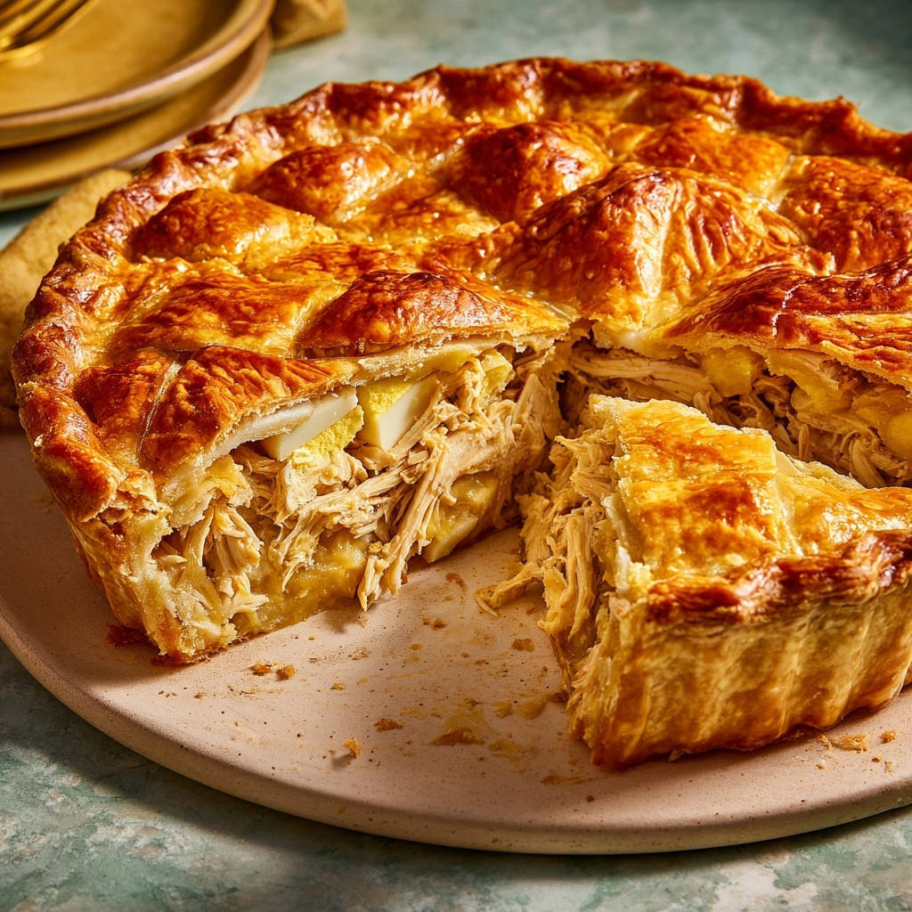Deep dish shredded chicken pie shown in a close-up cross-section revealing its moist filling and golden-brown pastry.
