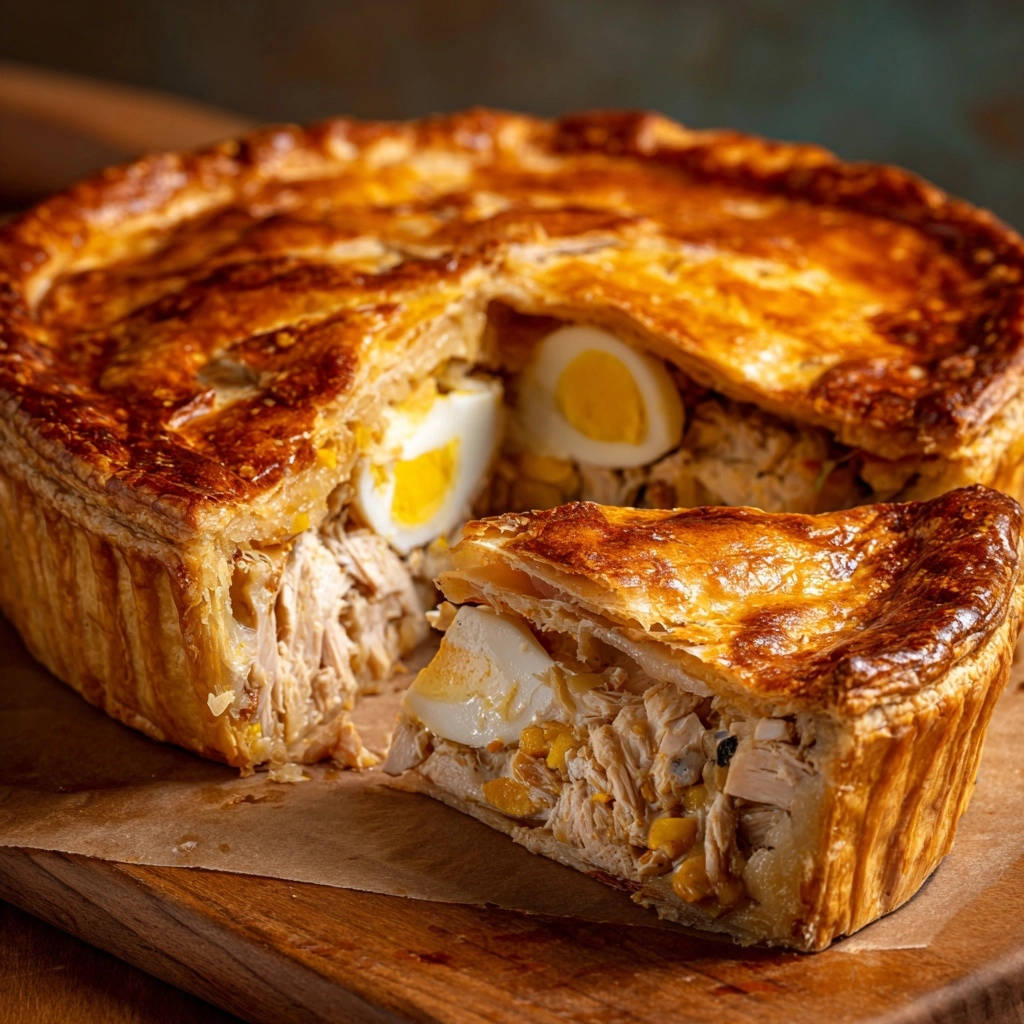 Deep dish shredded chicken pie slice showing a moist interior with chicken, corn, and hard-boiled eggs.