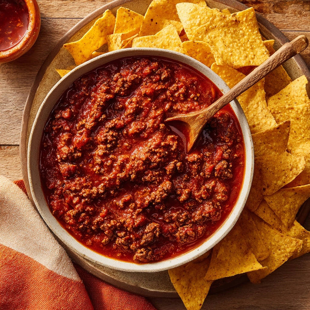 Diner-style beef chili dip served in a bowl with a wooden spoon and tortilla chips, captured from an overhead perspective.