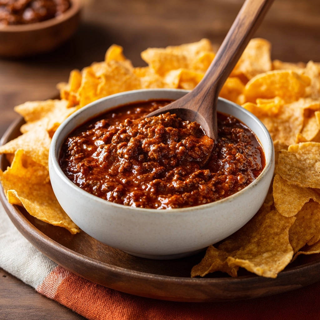 Diner-style beef chili dip with a wooden spoon scooping a generous portion, surrounded by tortilla chips.