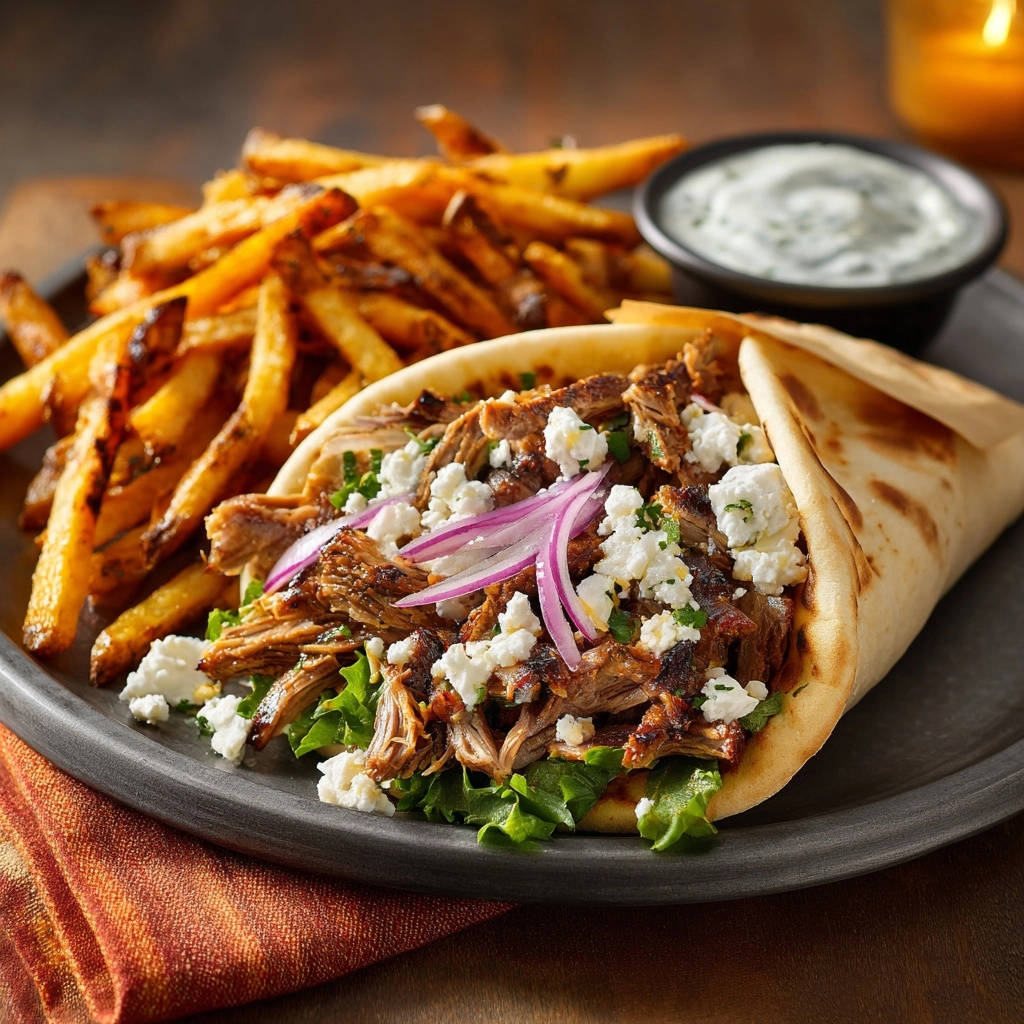 Easy lamb gyros plated with a side of fries and tzatziki, showcasing tender meat and crumbled feta.