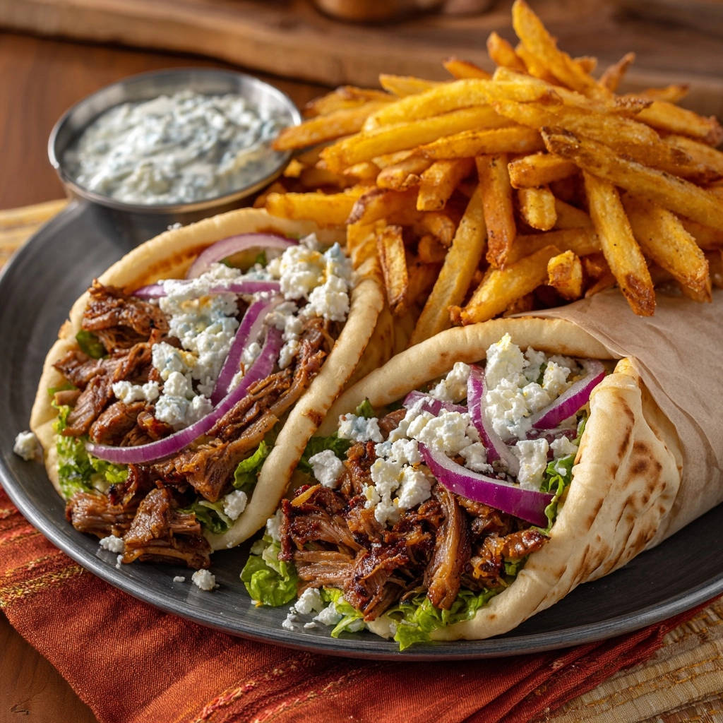 Easy lamb gyros plated with french fries and a side of tzatziki sauce.