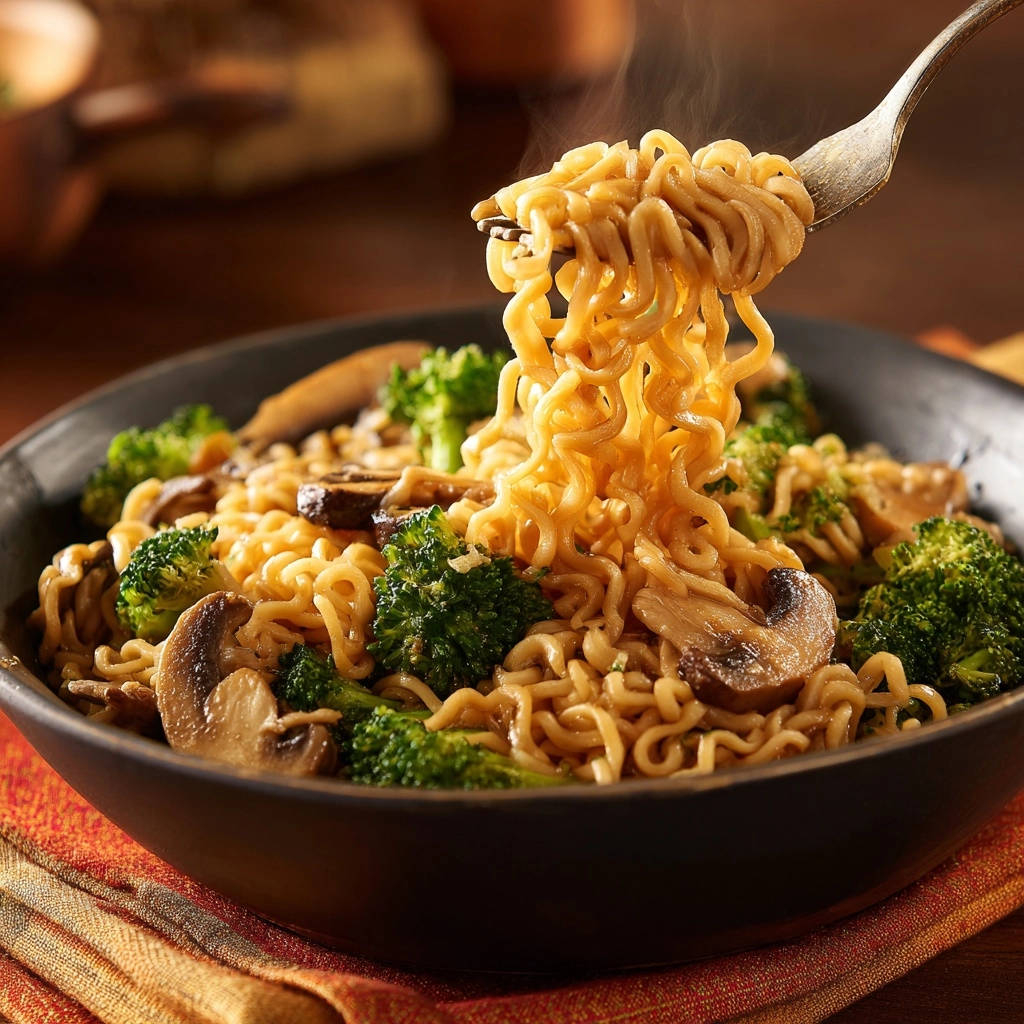 Easy saucy ramen stir-fry with a forkful of noodles lifting and showing steam rising from the bowl.