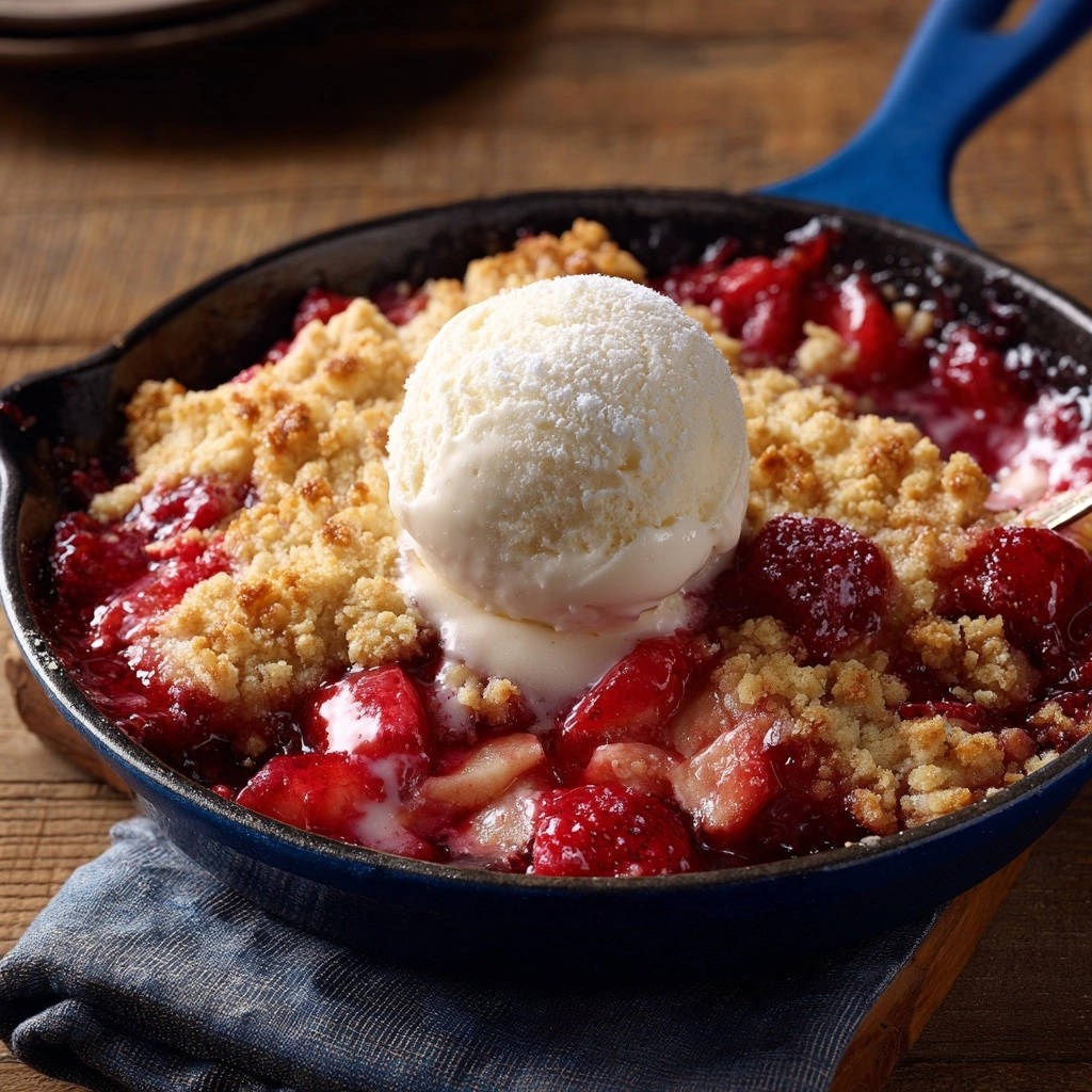 Easy strawberry skillet crumble served warm in a blue cast iron pan with a scoop of vanilla ice cream melting on top.