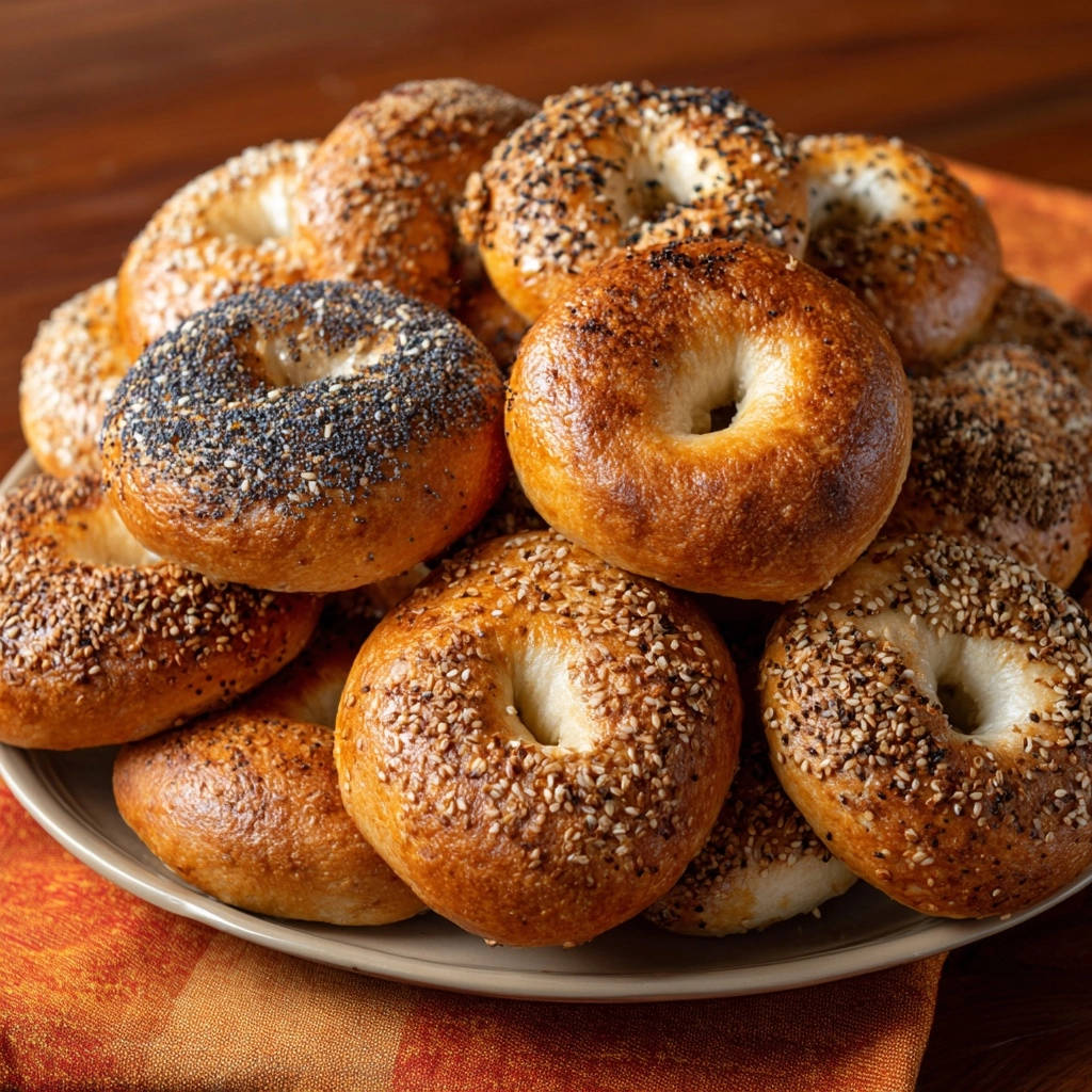 Ultimate everything bagels piled high on a plate, showcasing a variety of toppings and textures.