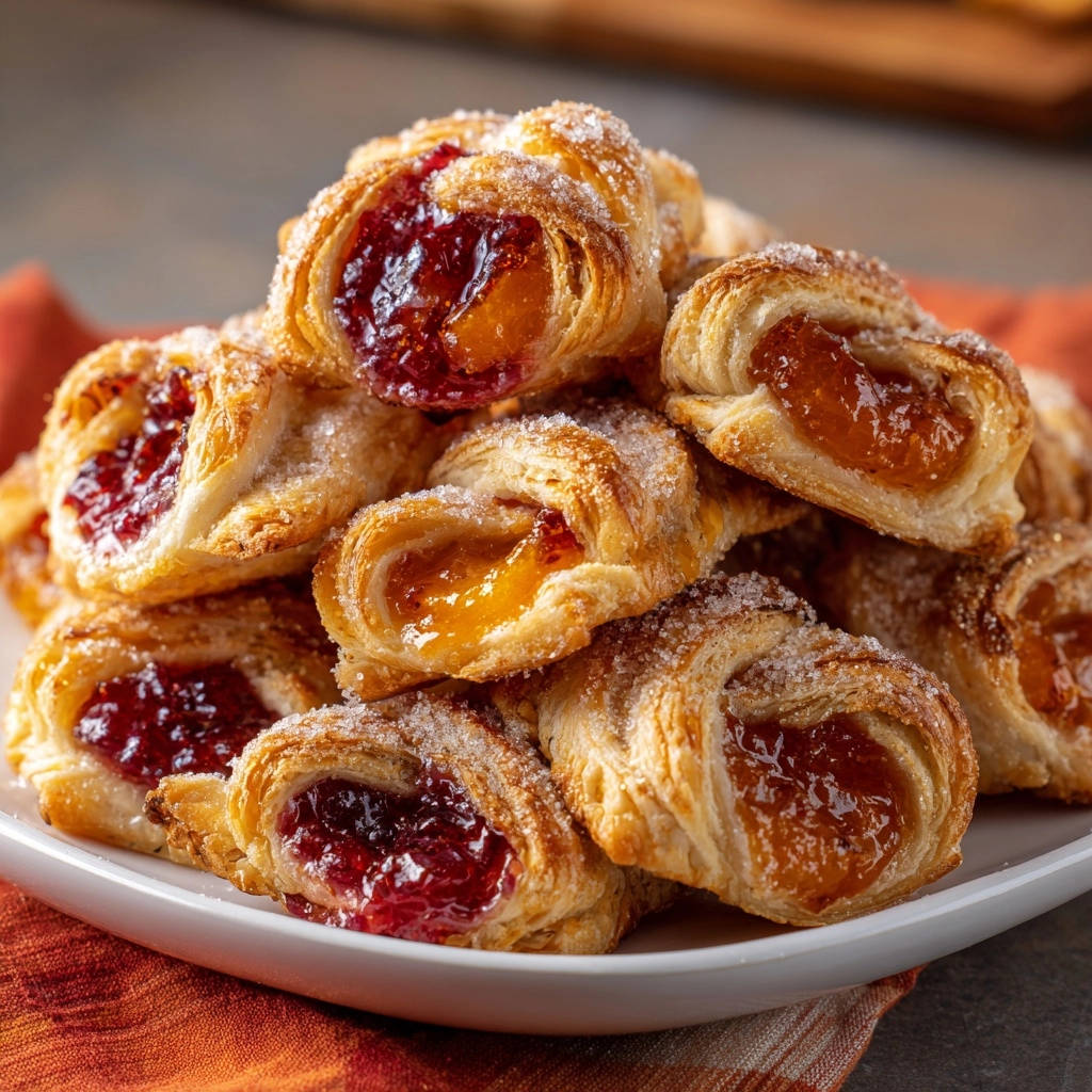 Flaky jam crescent rolls cross-section revealing sweet fruit filling and golden pastry layers.