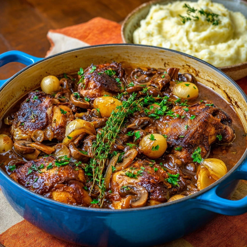 Rustic French Chicken and Mushroom Braise shown close-up in a blue Dutch oven with pearl onions and fresh thyme.