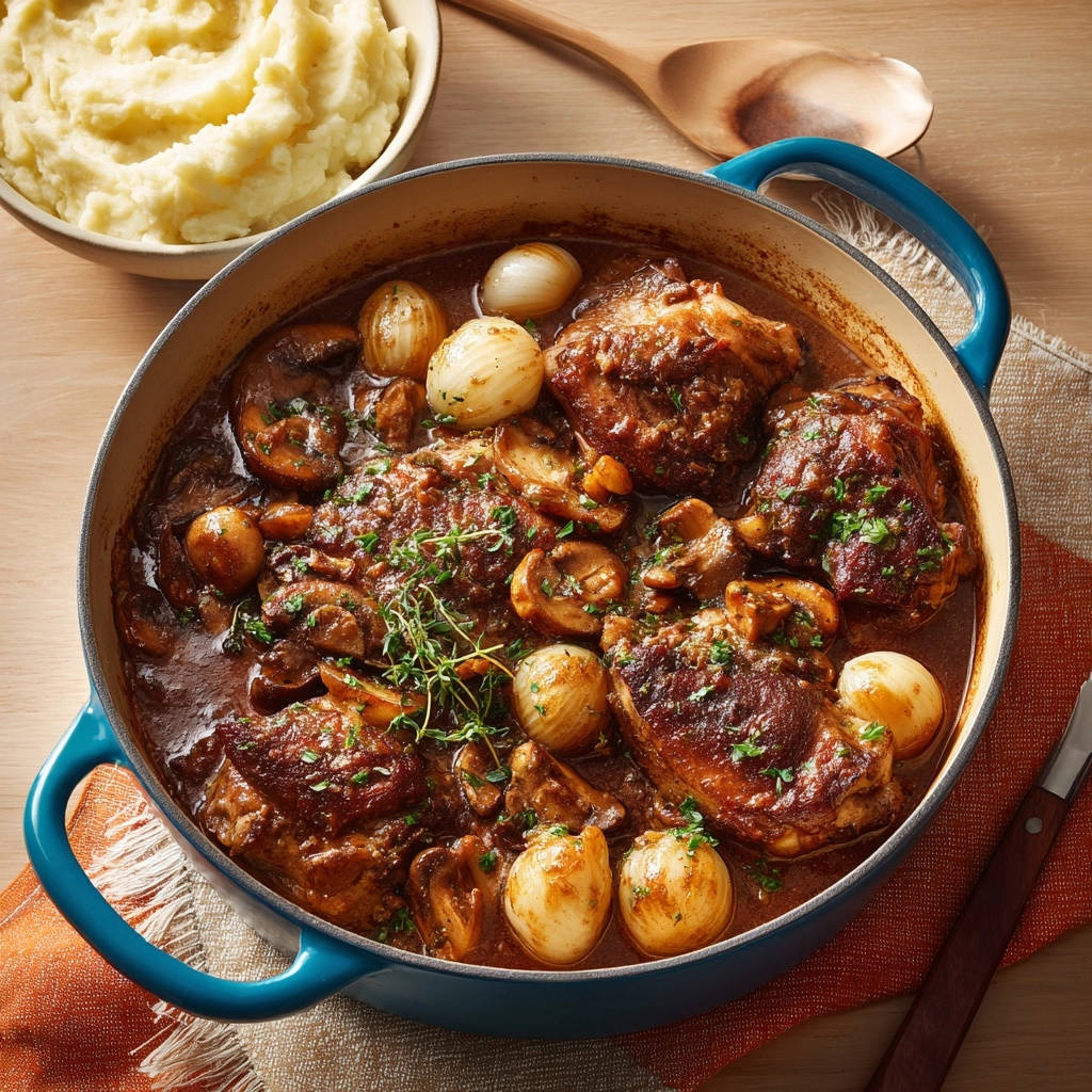 Rustic French chicken and mushroom braise shown in a blue Dutch oven with pearl onions and herbs from an overhead view.