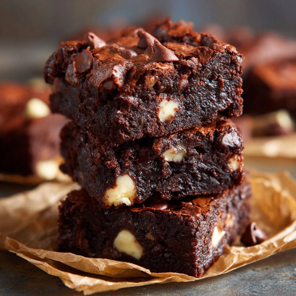 Ultimate fudgy chocolate chip brownies stacked and showing a close-up view of their rich interior texture.