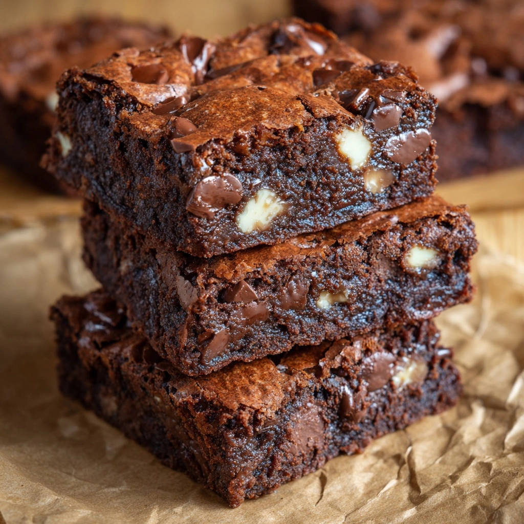 Ultimate fudgy chocolate chip brownies with shiny crust, stacked in a close-up view showing chocolate chips.