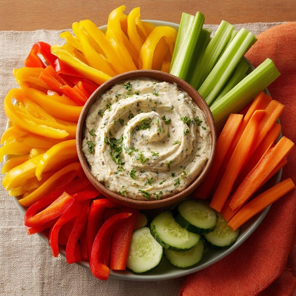 Garden fresh herb dip served with a colorful arrangement of sliced bell peppers, celery, carrots, and cucumber.