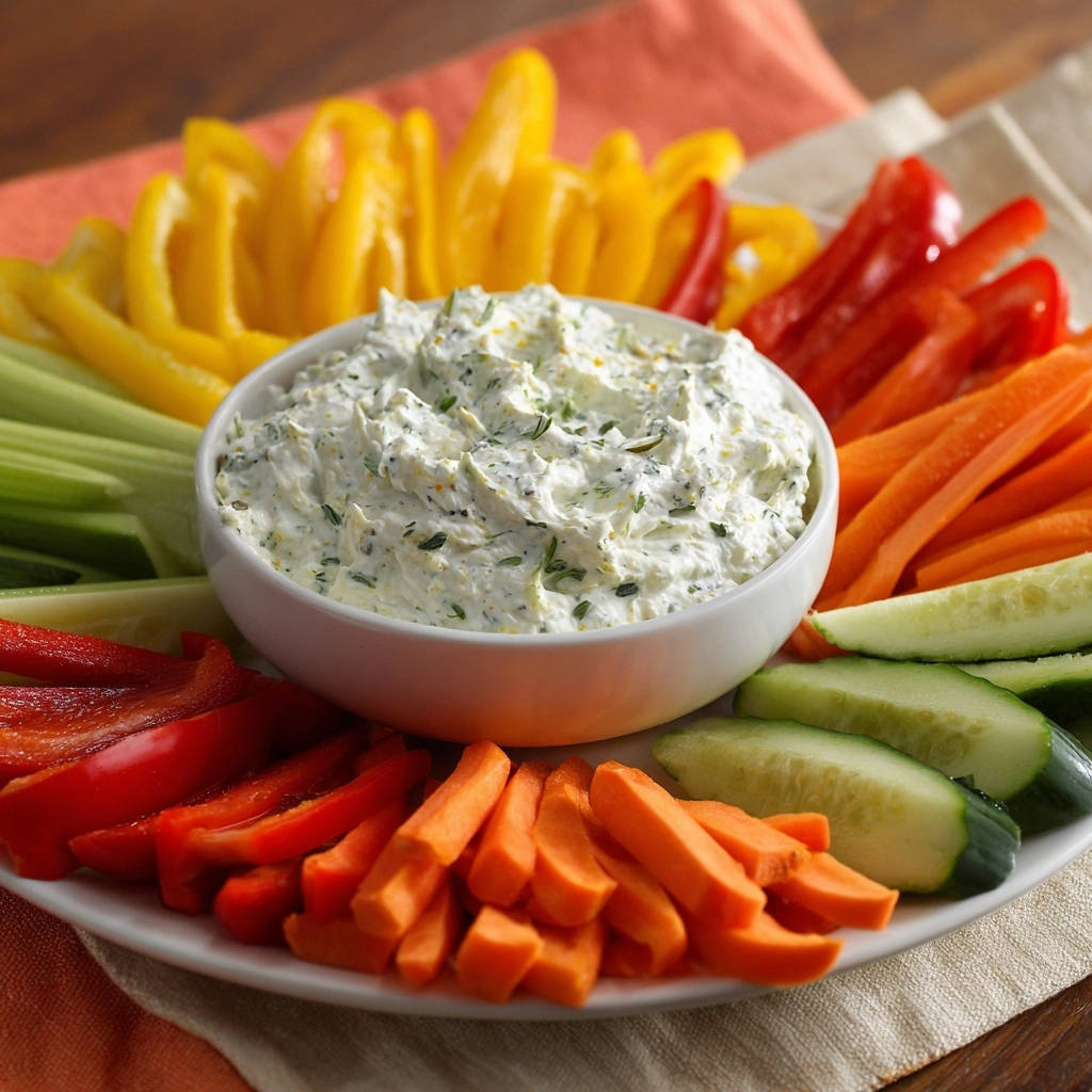 Garden fresh herb dip served with a colorful platter of fresh vegetable crudites and bell pepper slices.