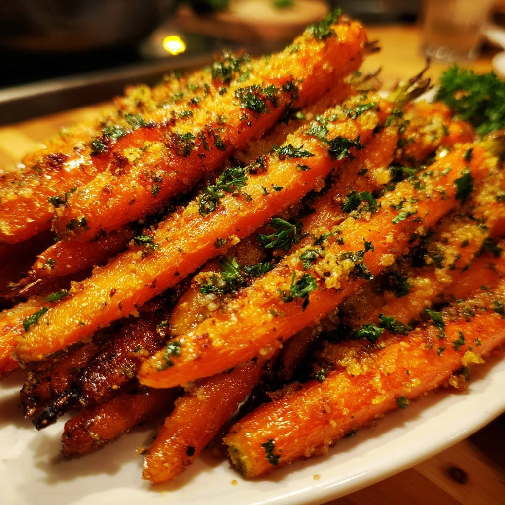 Garlic herb roasted carrots, a close-up view showcasing the tender-crisp texture and fresh parsley garnish.