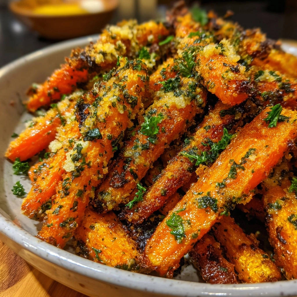 Garlic herb roasted carrots shown in a close-up, highlighting their tender-crisp texture and herb topping.