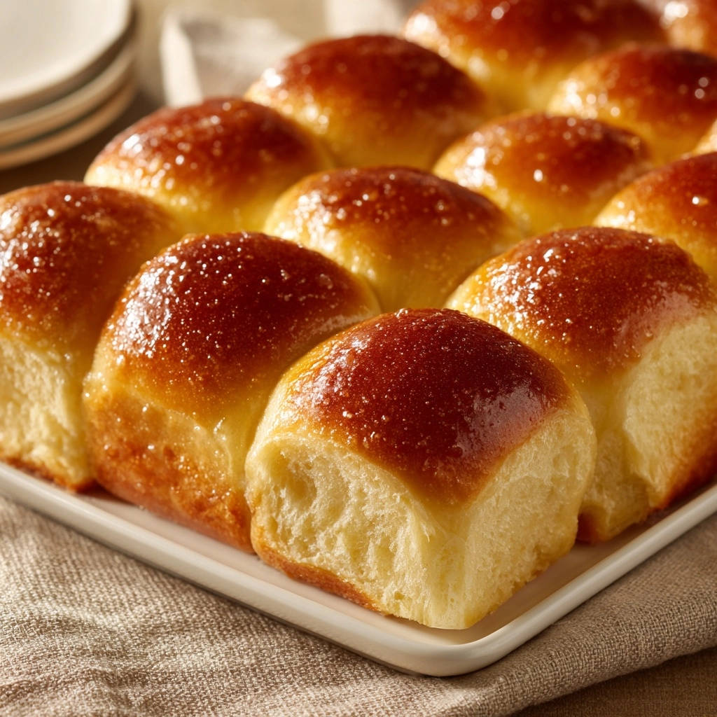 Grandma's Golden Butter Rolls showing their light, fluffy texture and golden-brown crust up close.