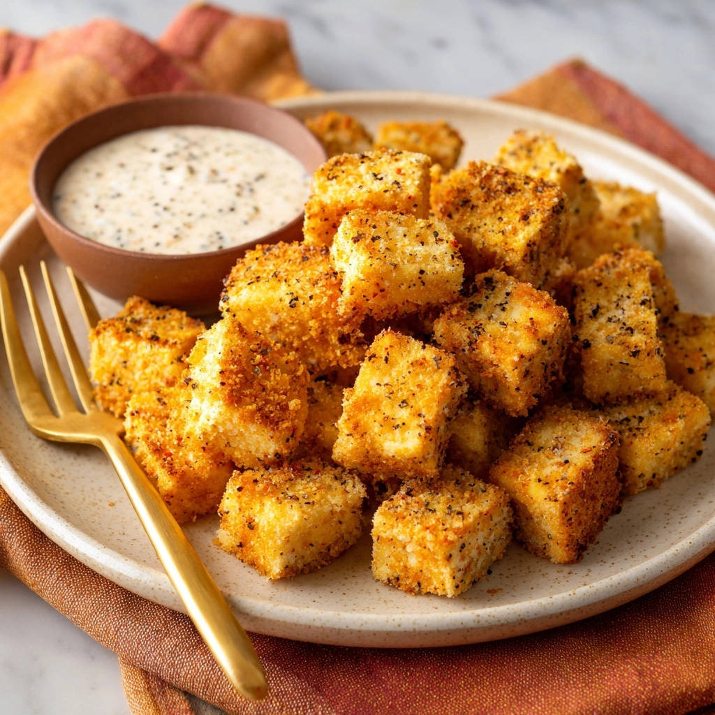 Golden crispy cheese bites plated with a side of creamy dipping sauce and a golden fork.