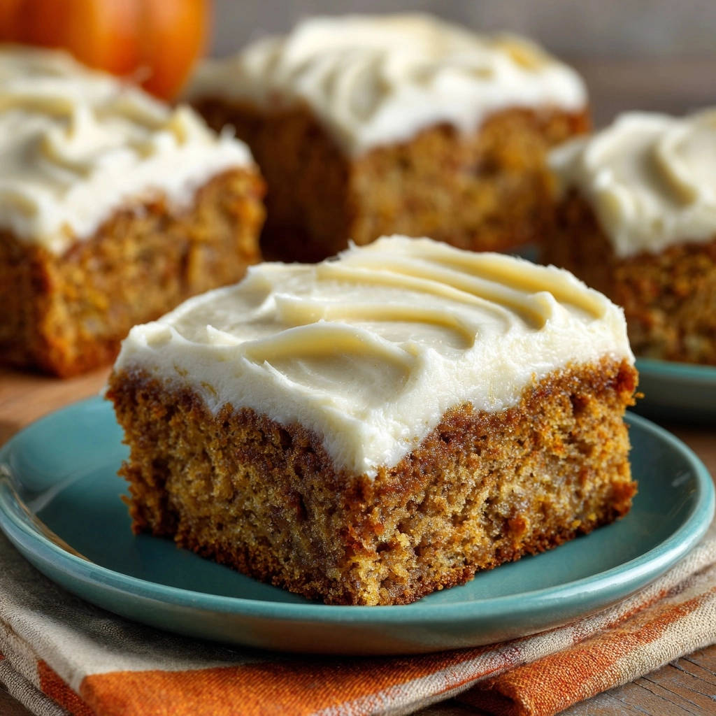 Grandma's Best Ever Pumpkin Spice Cake: a moist slice is presented on a teal plate, showing its tender interior and creamy frosting.