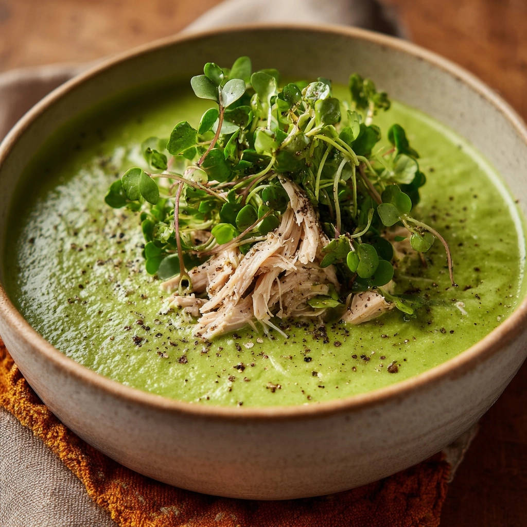 Vibrant green chicken soup, a close-up shows shredded chicken and microgreens garnish on top.