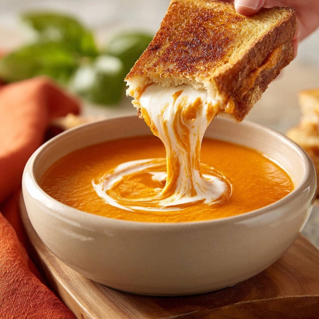 The ultimate grilled cheese and creamy tomato soup with a dramatic cheese pull as the sandwich is dipped.