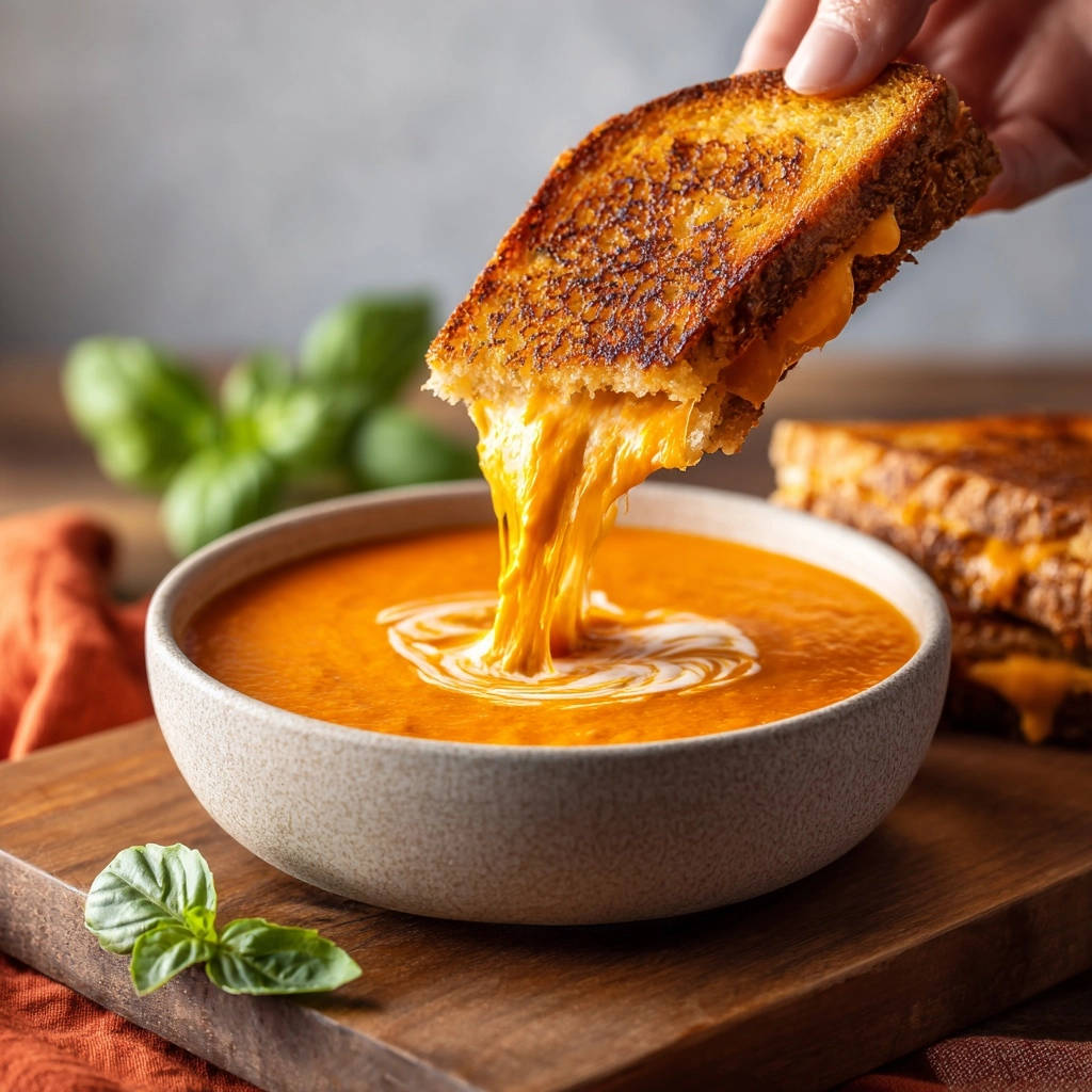The Ultimate Grilled Cheese & Creamy Tomato Soup with a glorious cheese pull as a sandwich is dipped into the soup.