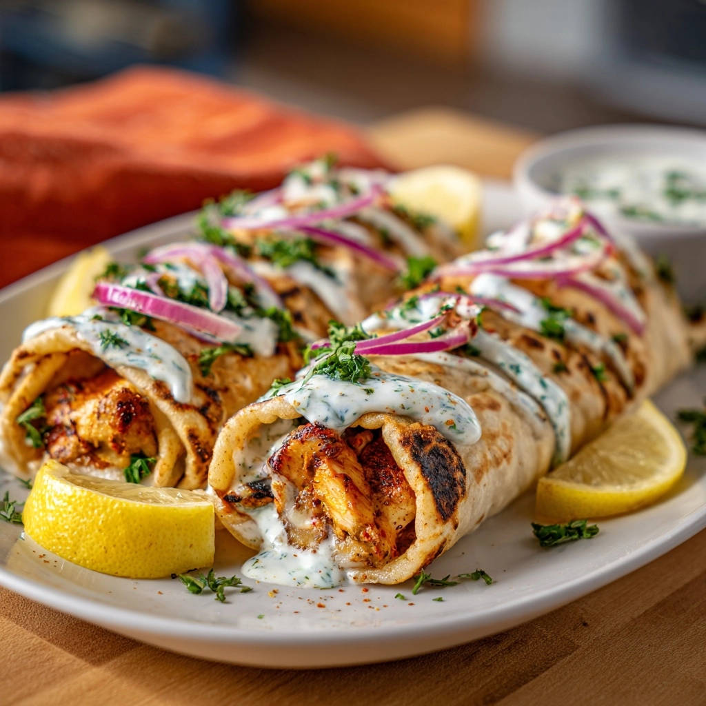 Grilled chicken shawarma wraps cross-section revealing juicy seasoned meat and creamy sauce.