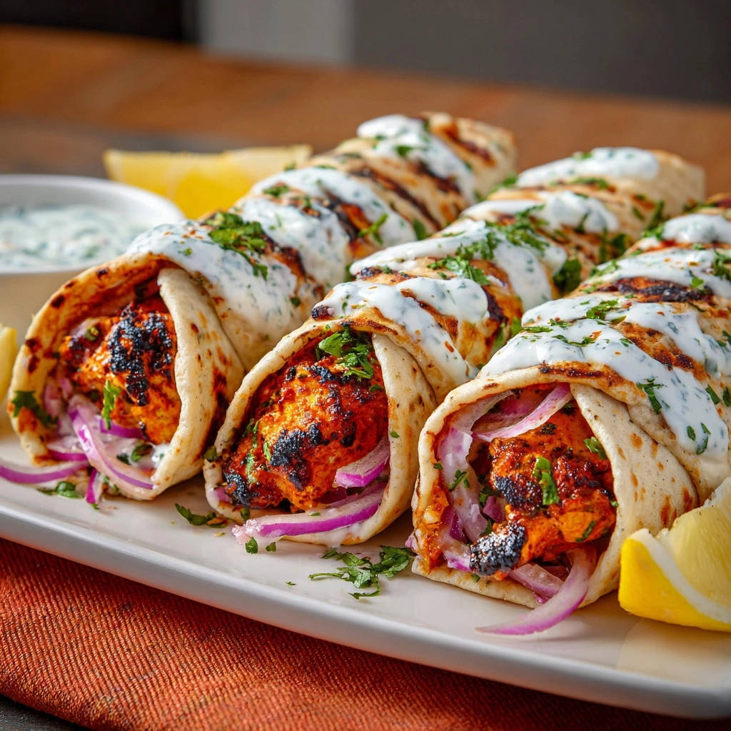 Grilled chicken shawarma wraps with red onion and sauce, shown in a close-up cross-section view on a white plate.