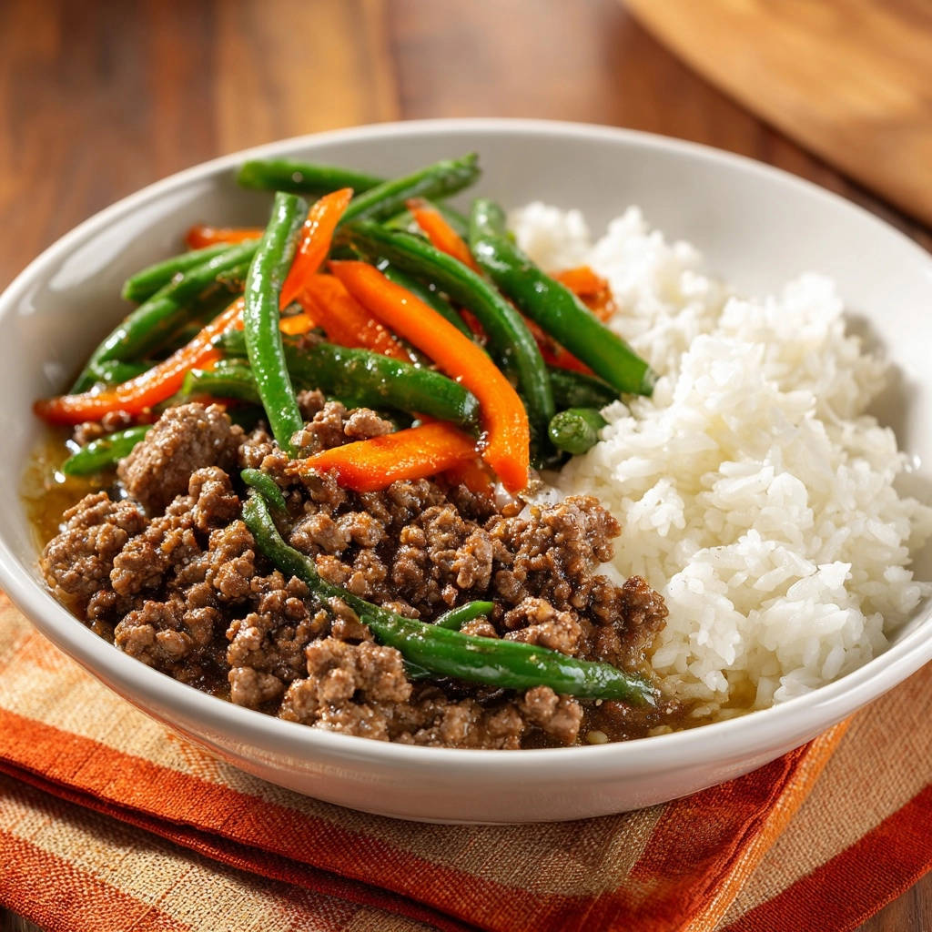 Savory ground beef and veggies over rice served in a white bowl with a close-up view.