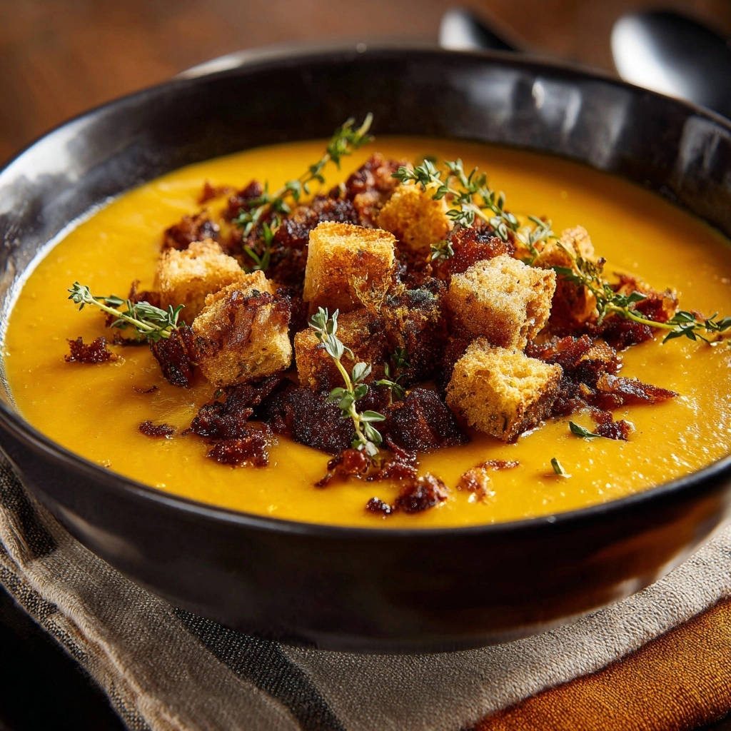 Harvest butternut squash soup topped with croutons, crispy bacon, and fresh thyme sprigs in a dark bowl.