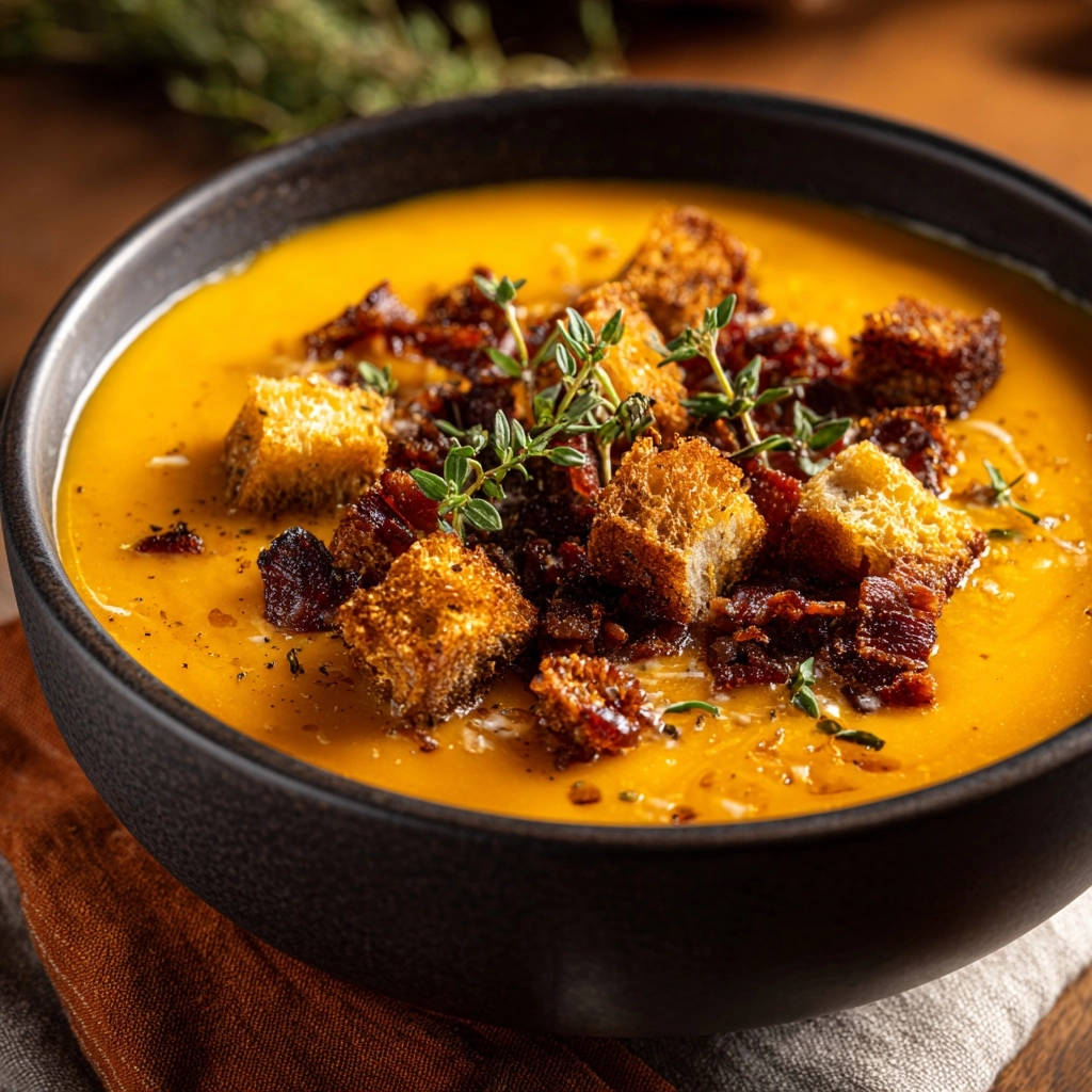 Harvest butternut squash soup in a dark bowl, generously garnished with croutons, bacon, and fresh thyme.