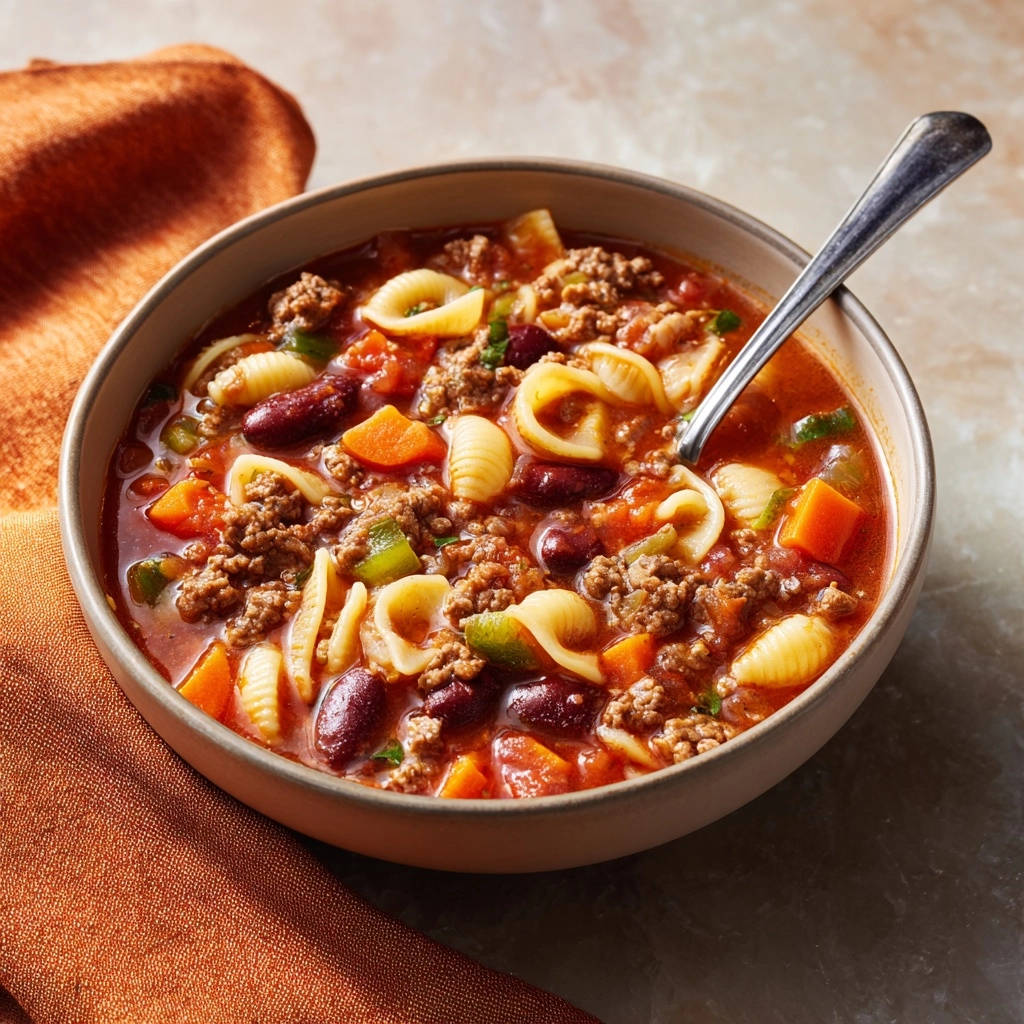 Hearty beef &amp; bean soup in a bowl with a spoon, showcasing pasta shells and kidney beans in a rich tomato broth.