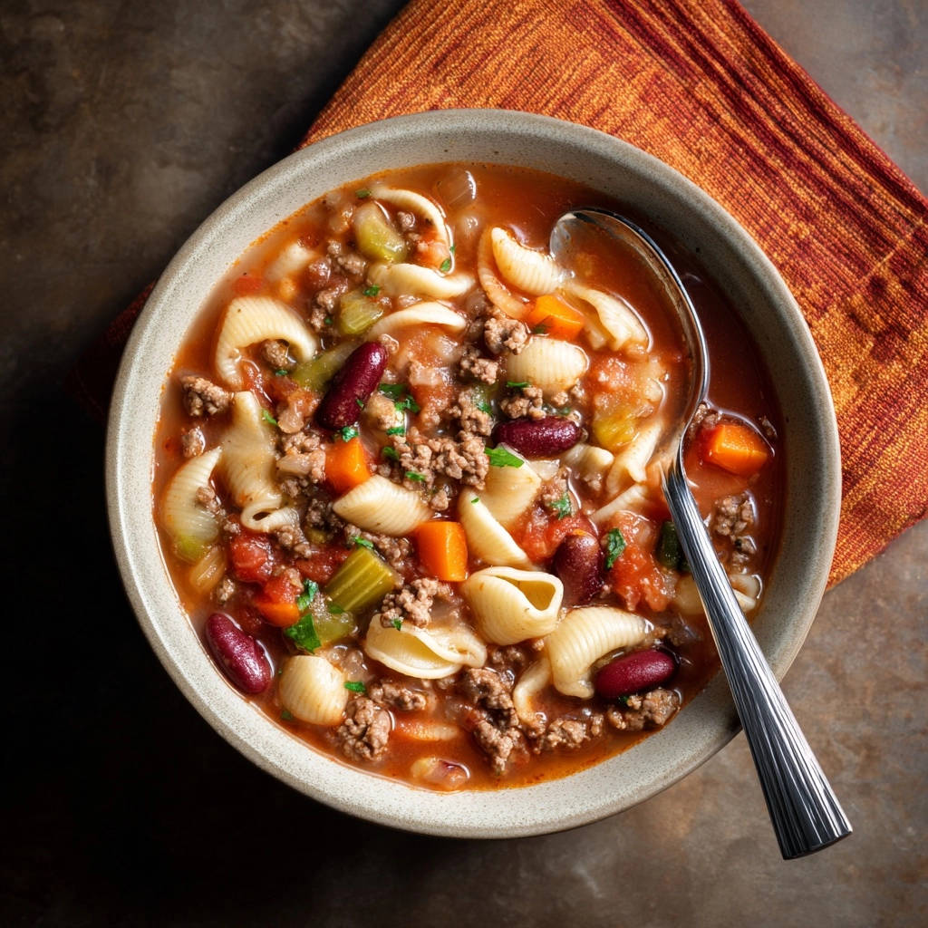 Hearty beef & bean soup in a rustic bowl with a spoon, showing pasta shells and kidney beans.