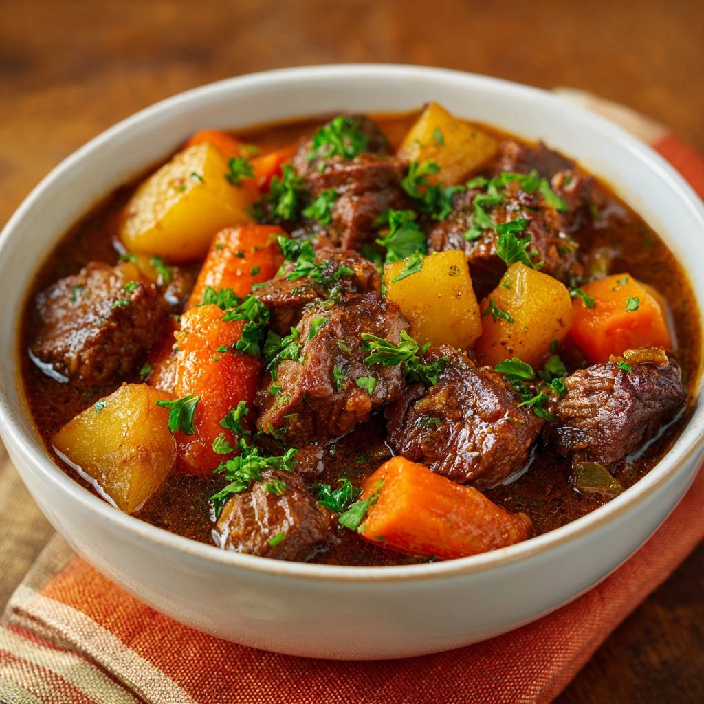 Hearty beef stew with tender chunks of beef, potatoes, and carrots in a rich broth, served in a white bowl.