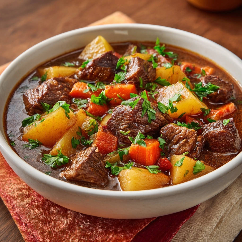 Hearty beef stew in a white bowl, generously garnished with fresh parsley, showcasing tender chunks of beef and vegetables.