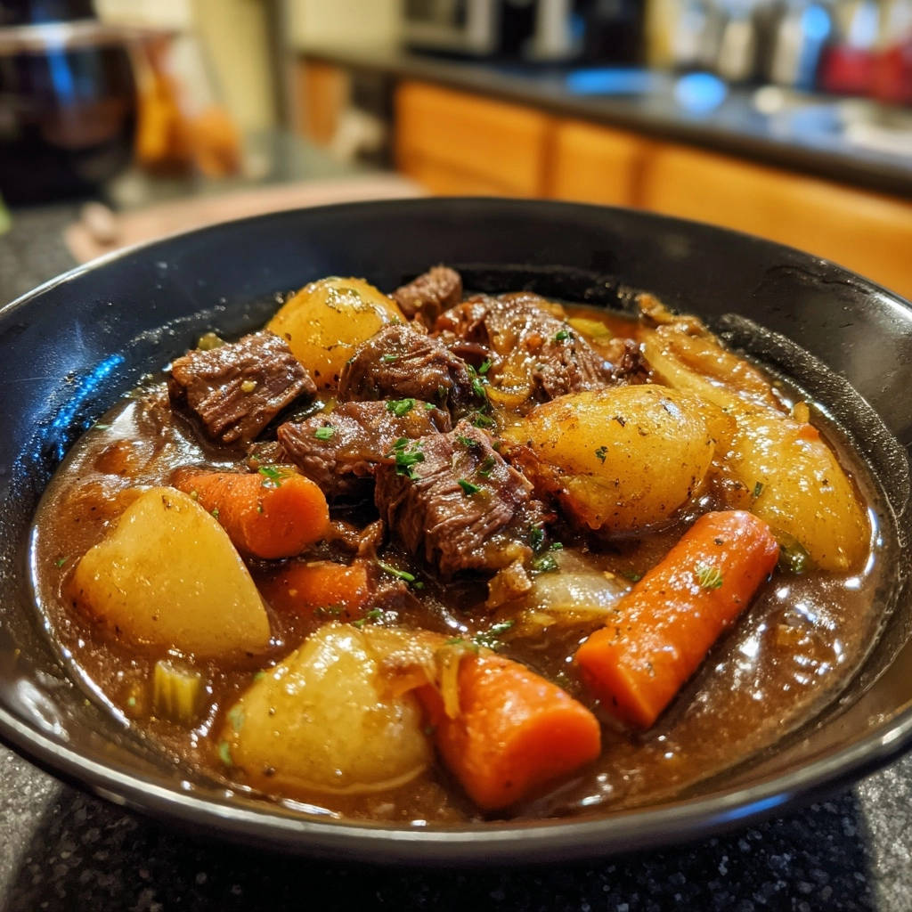 Hearty beef stew served in a black bowl, featuring tender chunks of beef, potatoes, and carrots in a rich gravy.